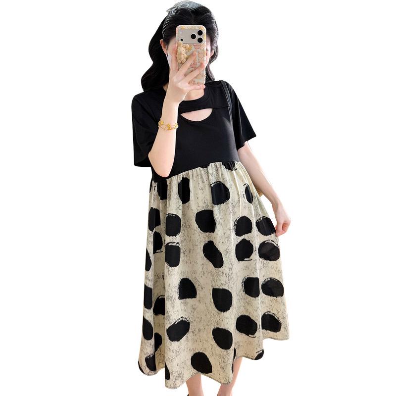 2026 Summer Short Sleeve Korean Maternity Dress: Stylish Patchwork, Loose Fit, Two-Piece Look, Trendy Belly Cover for Moms