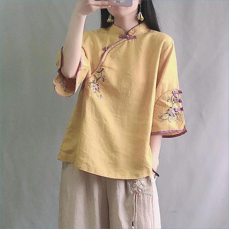 Spring Summer Retro Seven Quarter Ladies' Cotton Linen Shirt Blouse Chinese Traditional Women's Formal Top Ttang Costume Hanfu