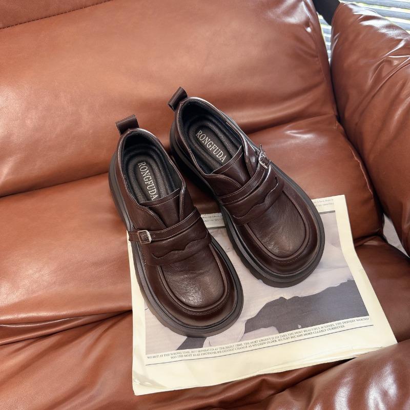 

Thick heel heightened women s leather spring new small black big head comfortable versatile casual shoes 40 темно-коричневого