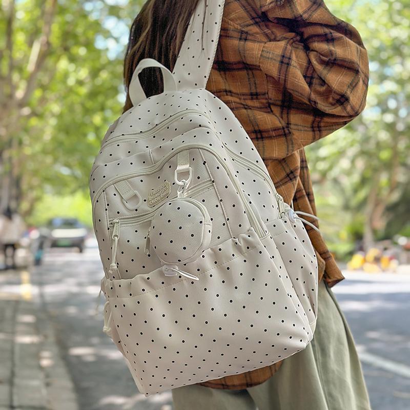 Women's Wave Point Print Backpack Junior High School Student Schoolbag Large Capacity Backpack with Coin Purse