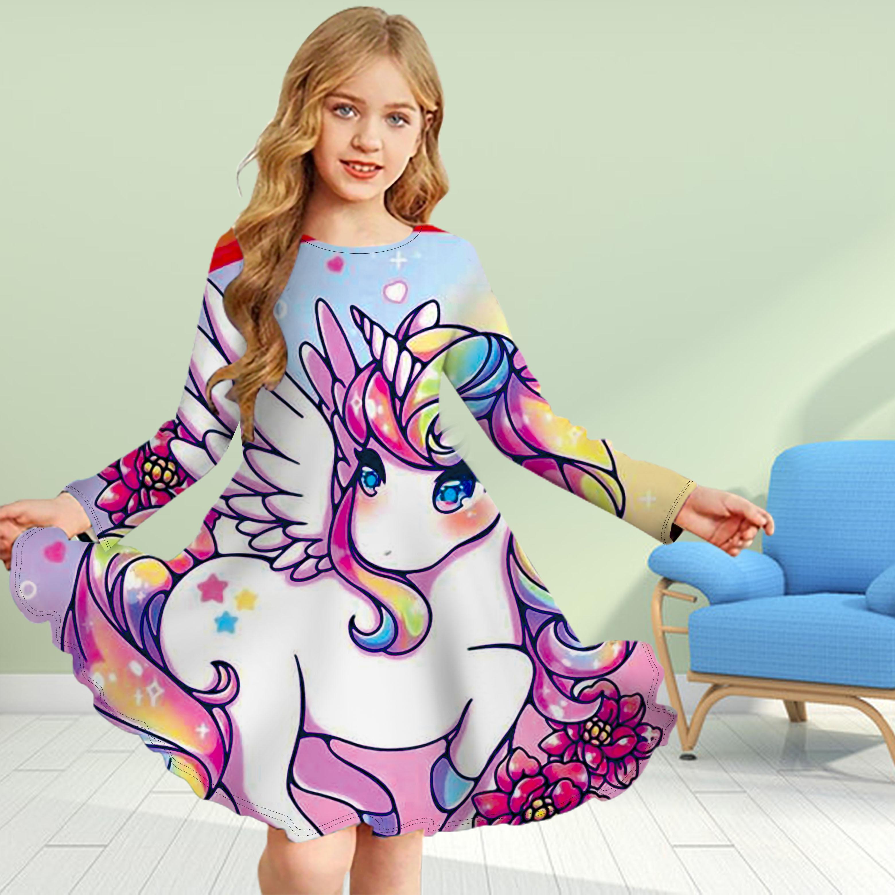 

Повседневное платье для девочек с 3D-принтом, фиолетовым единорогом, круглым вырезом и длинными рукавами, детское платье принцессы 110 белый