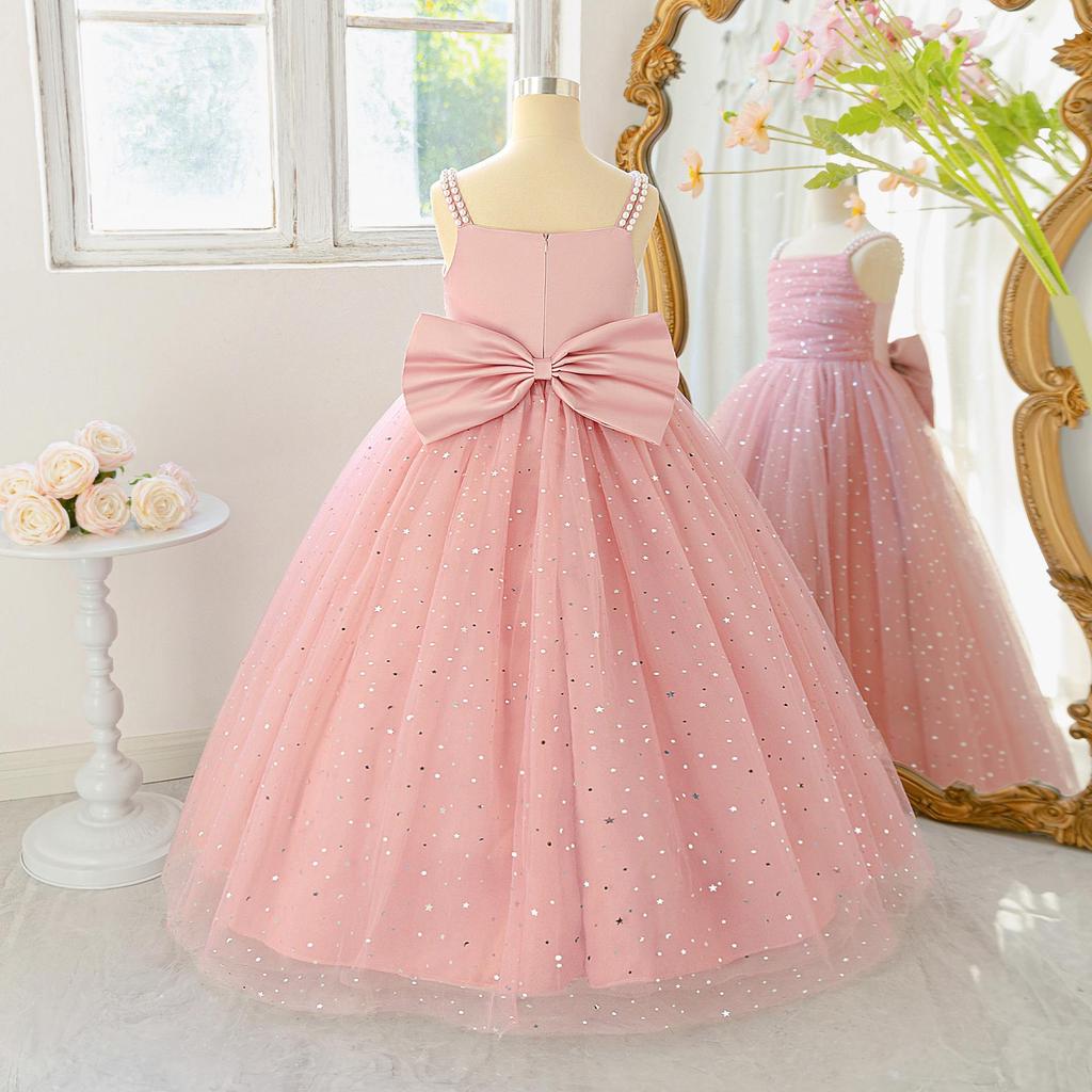 Children's Spaghetti Strap Sequin Flower Girl Dress - Puffy Tulle Skirt with Bow, Princess Gown for Weddings & Performances