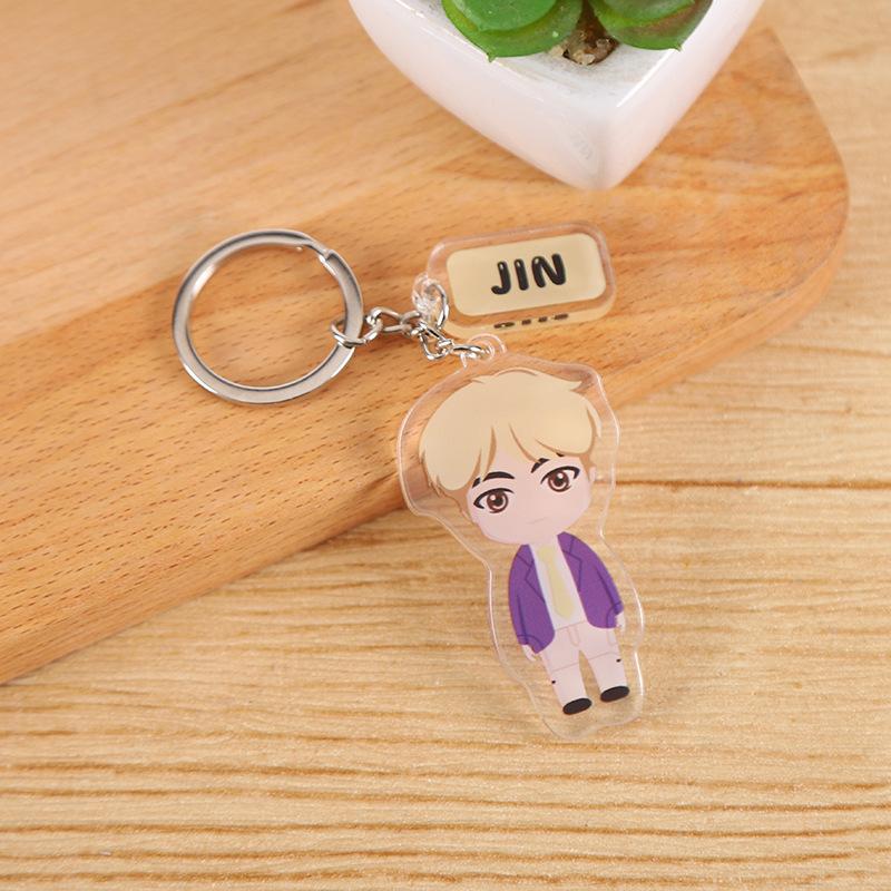 

BTS Cute Cartoon Figure Acrylic Keychain with Name Tag, Bangtan Boys Cartoon Keyring, Kpop Idol Bag Pendant for ARMY Fans JIN