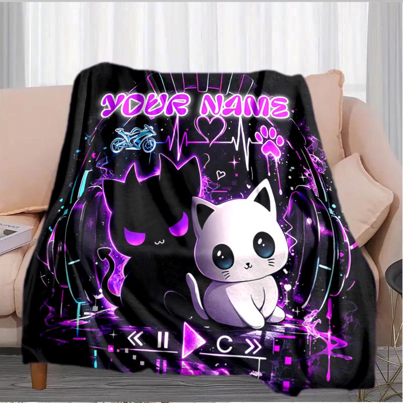 1PC Custom Name Neon Cat Dreamscape Flannel Blanket Versatile,all-season Throw Suitable for the Living Room,bedroom,camping,travel,and Gift