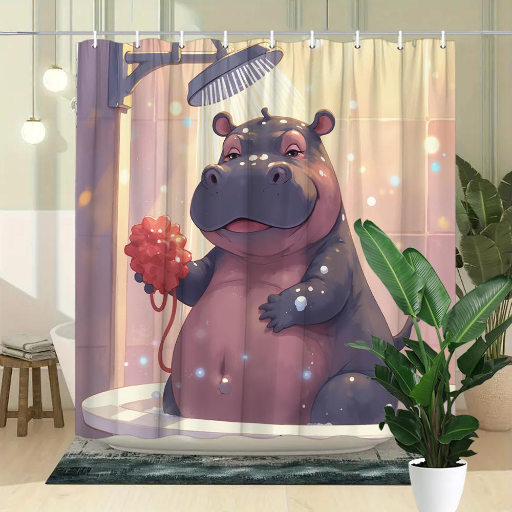 Pandara Jewelry Black/Red Fat Hippo Shower Curtain With Loofah-Funny Bathtub Decoration, Bathroom Curtain With 12 Hooks, 180X180cm