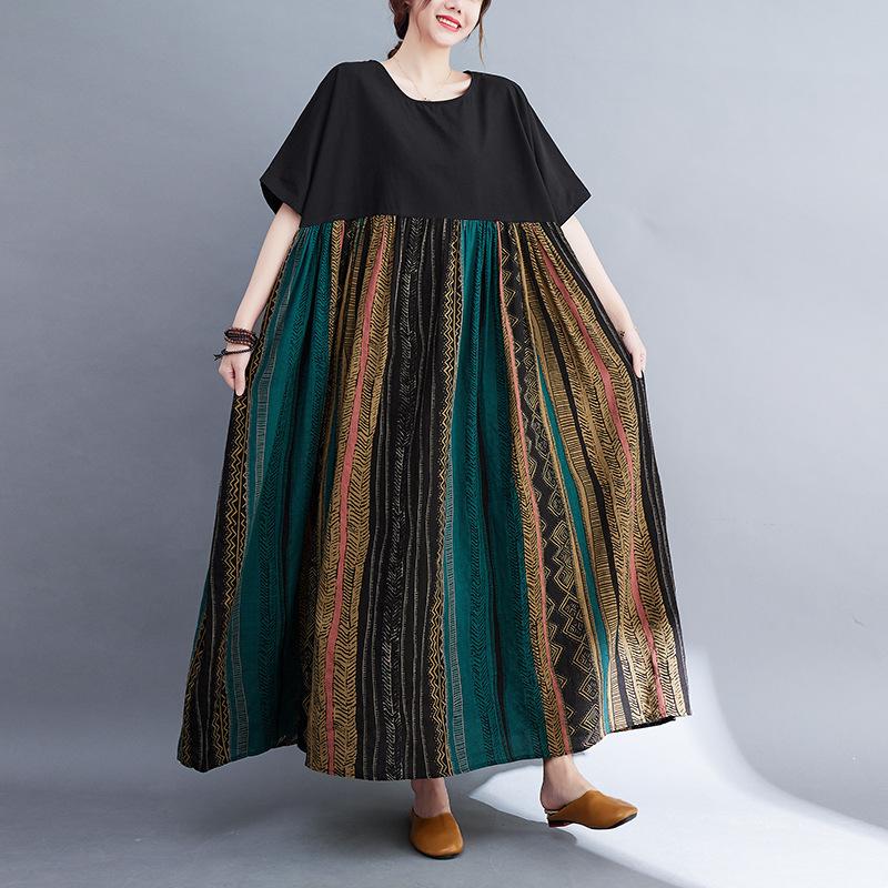 Echte foto zomer nieuwe literaire grote maat losse print ronde hals korte mouw jurk dames lange jurk