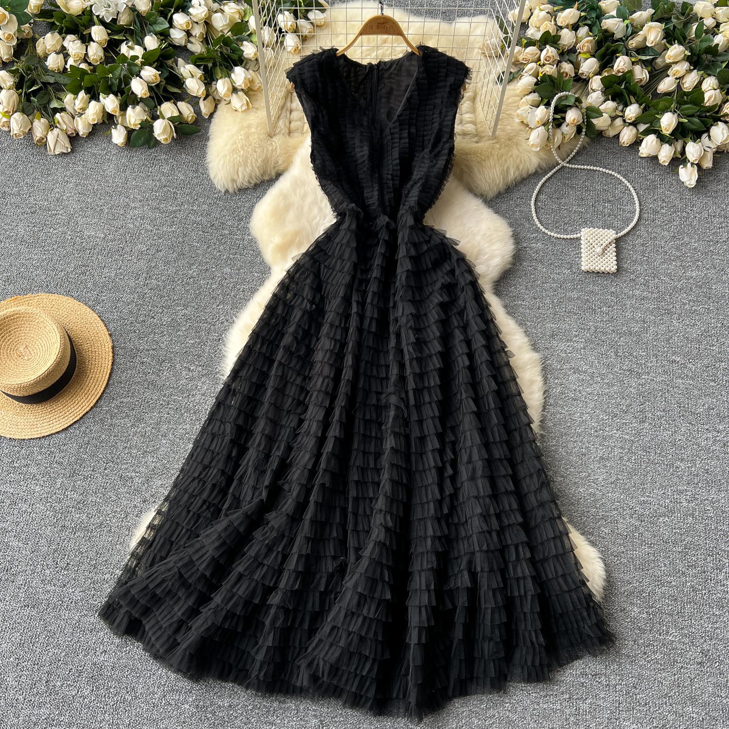 

Винтажное V-образное вырезное без рукавов плиссированное сетчатое элегантное платье-комбинация А-силуэта с высокой талией для отпуска, летние женские платья Vestidos One Size чёрный