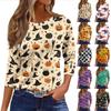 Women's Loose Fit 3/4 Sleeve Shirt Round Neck Casual Top Halloween Pumpkin Print T-Shirt Comfortable Everyday Wear