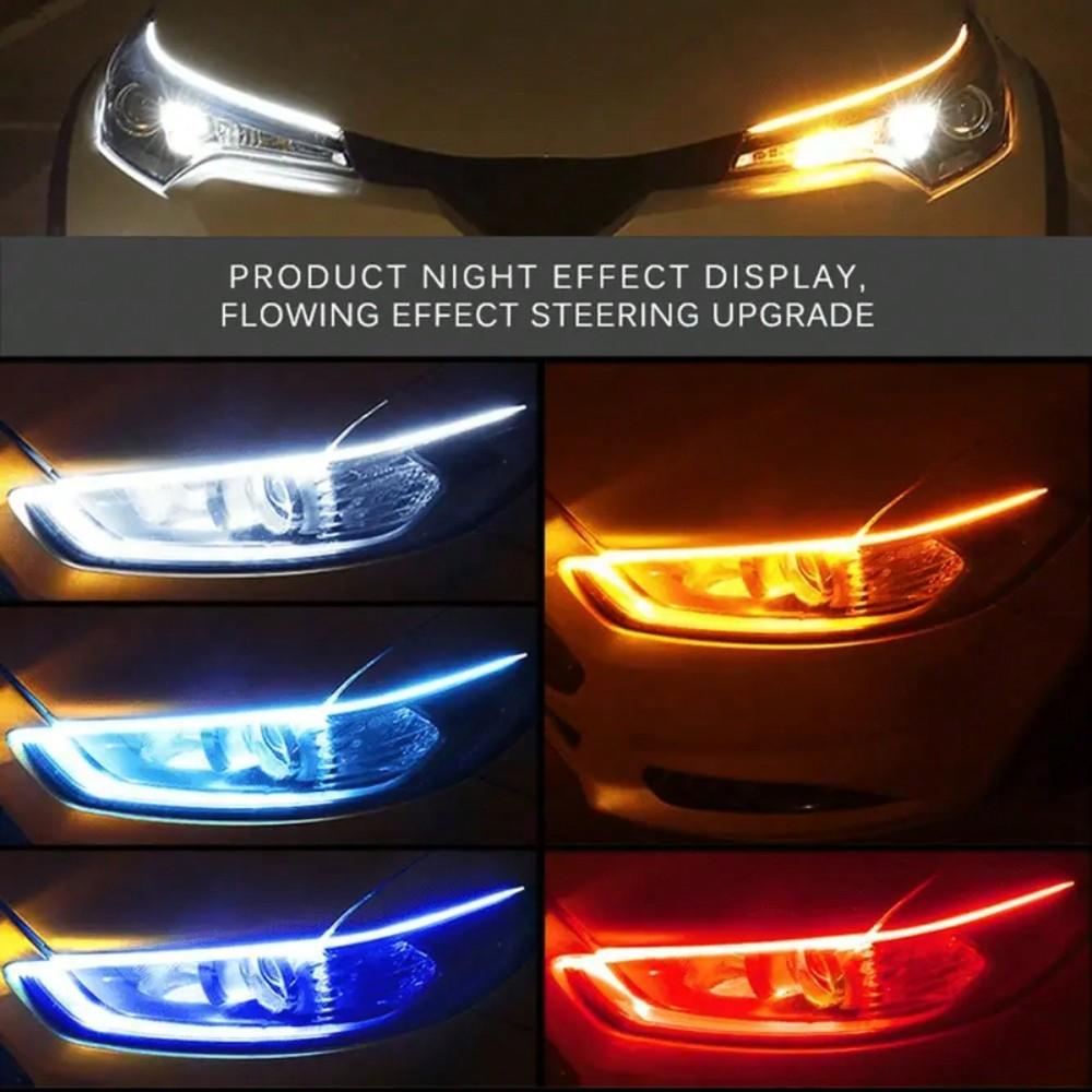 2pcs LED DRL Car Daytime Running Lights - Flexible Waterproof 12V Strips (White DRL, Yellow Turn/Brake Signals)