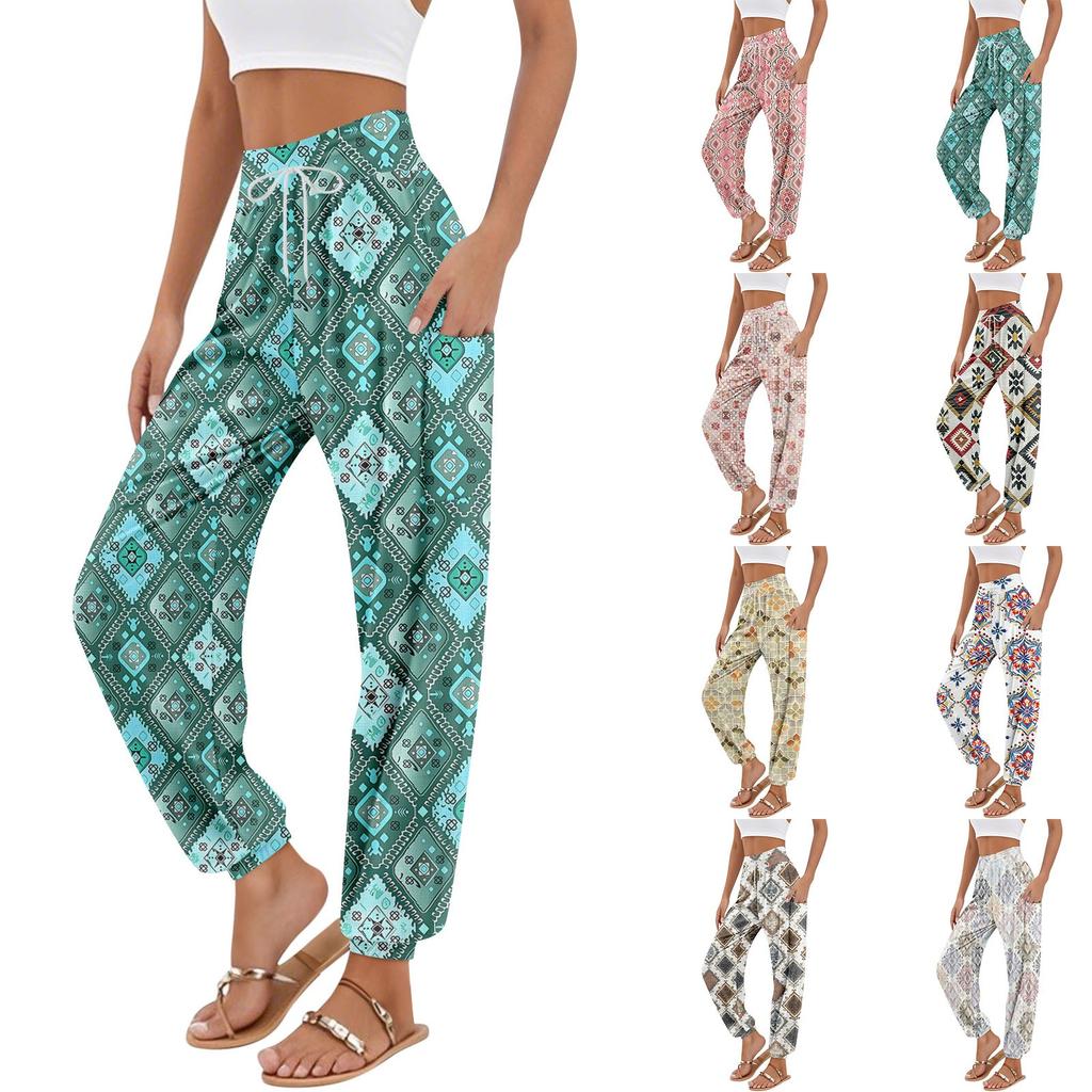 Women's Pocket Drawstring Trousers High Waist Yoga Bohemian Printed Casual Pants