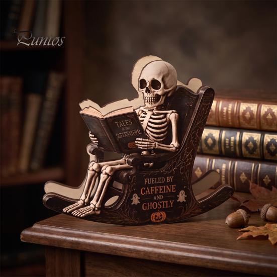 Spooky Bookshelf Ornament Halloween Rocking Chair Ghost/Skeleton Ornament, Wooden Desktop Decoration, Dynamic Ghost Decoration Figurine for