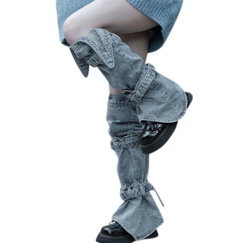 Womens Harajuku Punk Rock Denim Leg Warmer Socks Gothic Bandage Buckled Knee High Foot Cover Aesthetic Grunge Streetwear