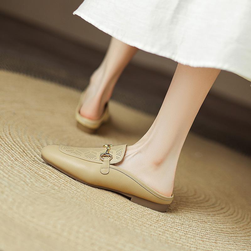 Baotou Half Slippers Women's Outer Wear 2025 Summer New Flat-bottomed Horse Buckle Leather Soft-soled Lazy Shoes Large Size Women's Shoes