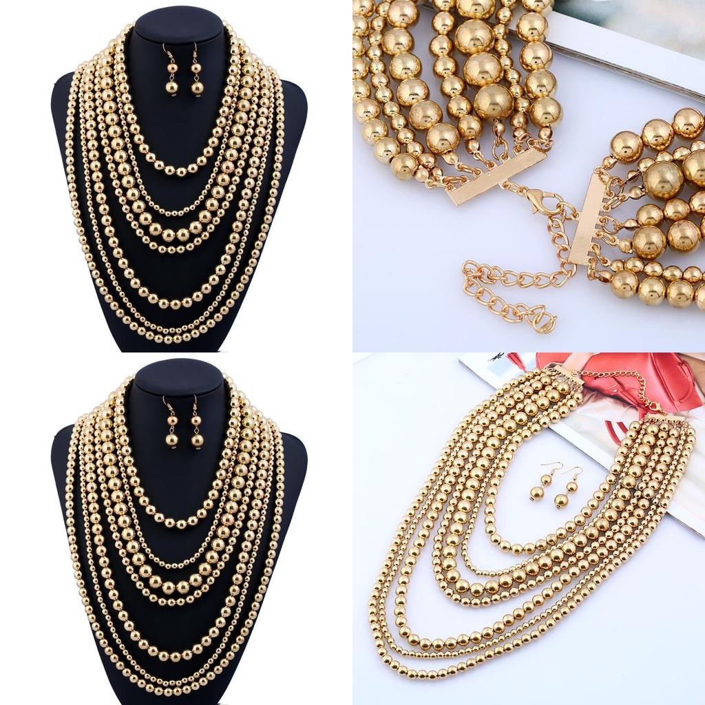 Collier Oversize Style Européen Orné de Perles Dorées au Design Géométrique pour Femmes