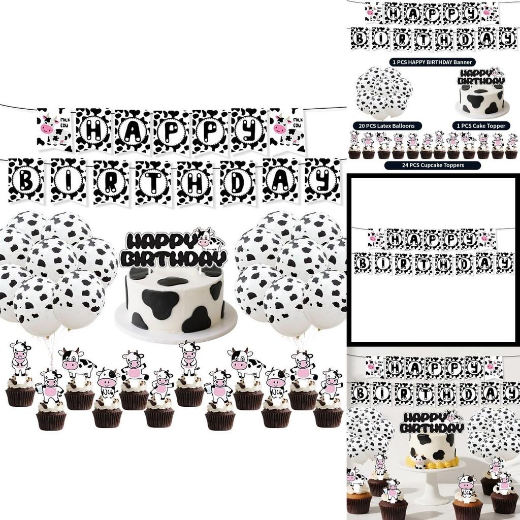 Cow Birthday Party Decor Set With Farm Animal Theme Paper Flags Balloons And Banners