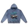 DTG Print Knitted Denim Zip-Up Hoodie Art Design Vintage Car Retro Color Illustration Brother Print Zipper Hoodies  