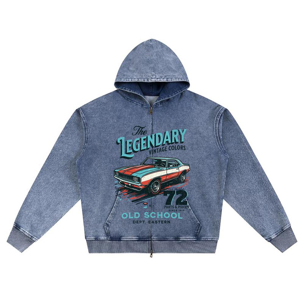 DTG Print Knitted Denim Zip-Up Hoodie Art Design Vintage Car Retro Color Illustration Brother Print Zipper Hoodies  