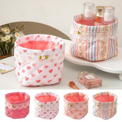Durable Quilting Cotton Desktop Storage Basket Lace Bowknot Decor Large-capacity Storage Box Storage Container Home