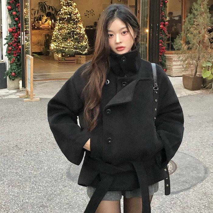 

Korean Retro Influencer Style 2025 Autumn/Winter Wool Coat with Belt and Stand-up Collar Extra Large чорний