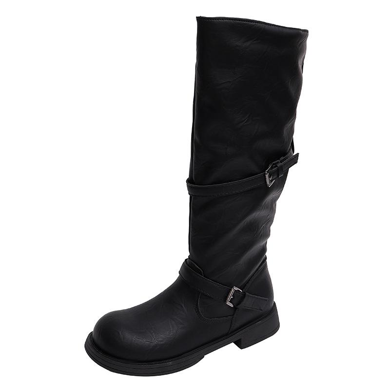 Thick-soled round head retro belt buckle polished long boots women's shoes autumn and winter 2025 new high boots knight boots