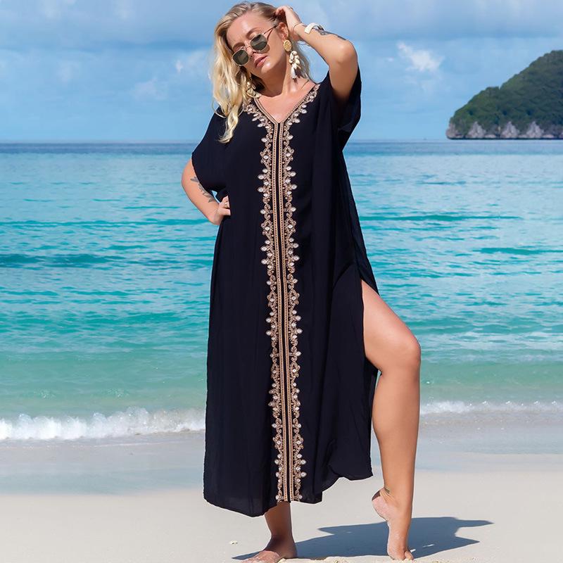 

2022 Европейский и американский вышитый вискозный пляжный халат-накидка для купальника One Size чёрный