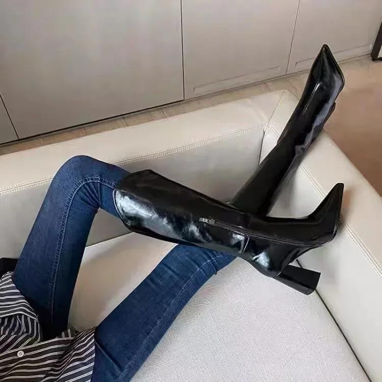 Pu Leather Long Boots Women Fashion V-Port Pointed Toe Knee High Boots Ladies Sexy Chunky High Heel Shoes Botas