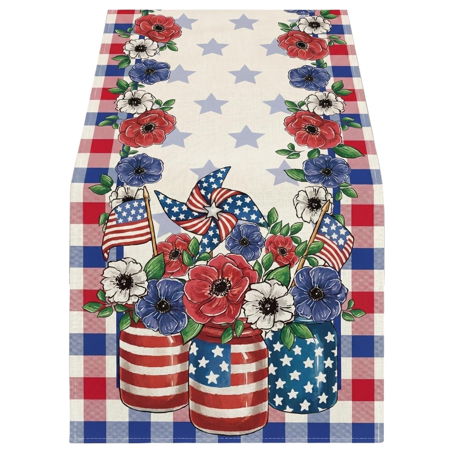 

Patriotic Table Runner with Mason Jar and Floral Print Star Patterned Table Linen for Dining Kitchen Parties Holiday Decor One Size