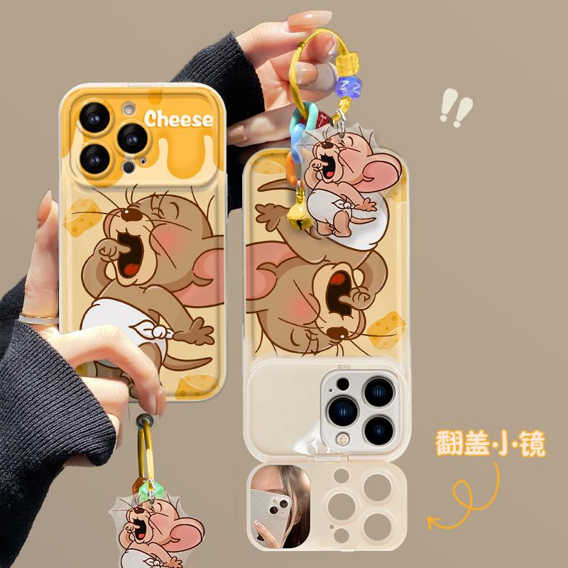 Applicable to Apple 15 mobile phone case iPhone13/14promax cute mouse pendant 11/12 flip mirror xs