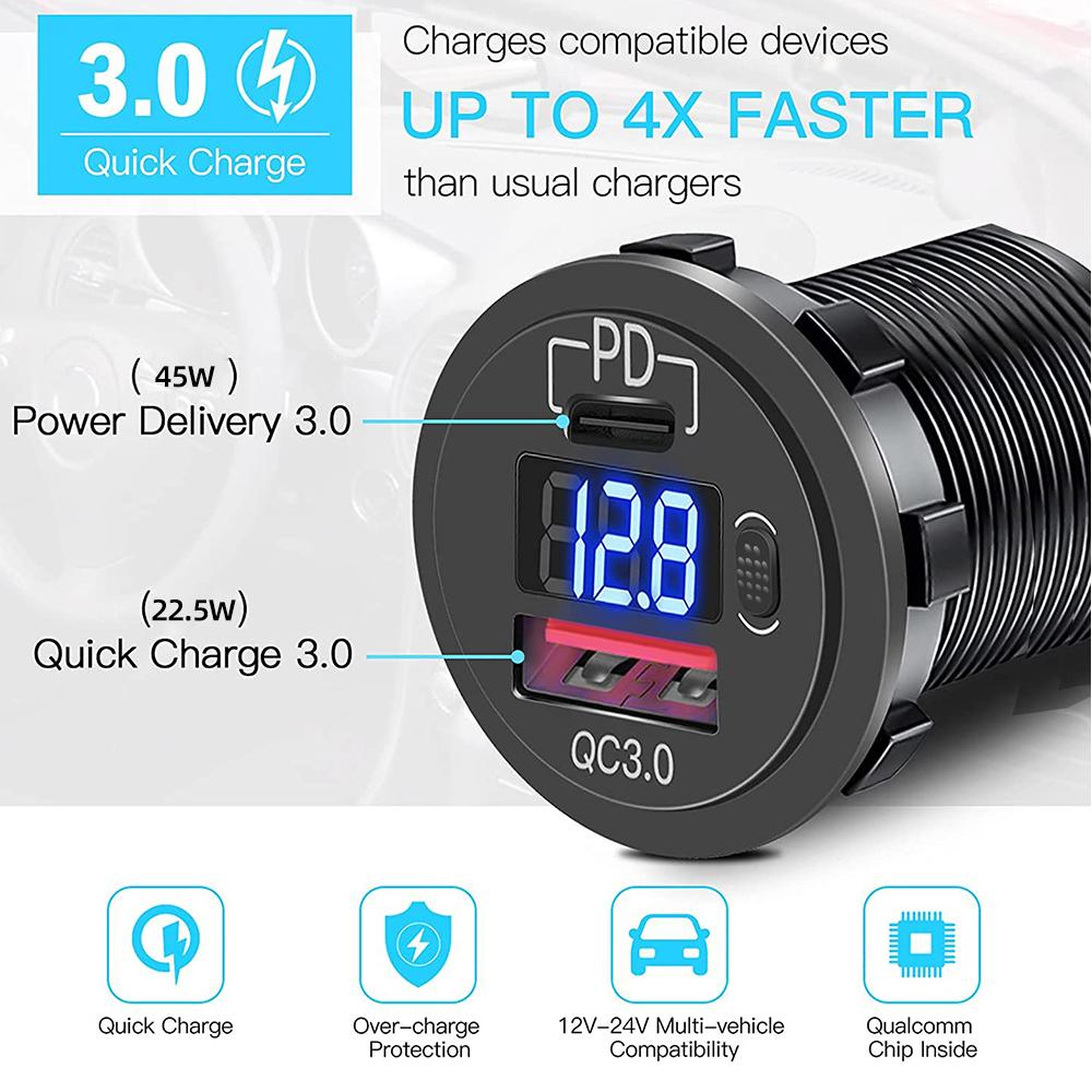 12V/24V Car Charger Socket with ON/Off Switch Voltage Display  45W PD USB QC 3.0 Fast Charger for Car Truck Boat RV Motorcycle