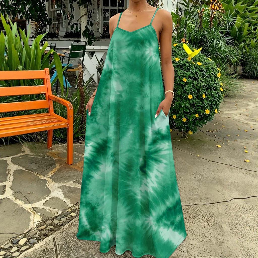 Damen Tie-Dye Maxikleid Ärmellos Spaghettiträger Lässig Lockerer Schnitt Lang Sommer-Sonnenkleid Mit Taschen Für Frühling Und Sommer