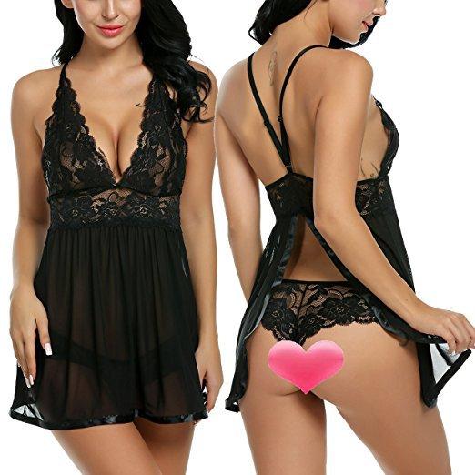European and American new European and American sex underwear sexy transparent lace mesh neck sex pajamas