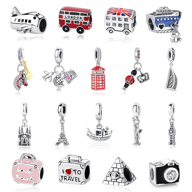 Original 925 Sterling Kupfer Charms Liebe Reise London Bus Koffer Paris Perlen Passen Marken Armbänder Halsketten Frauen DIY Zirkon