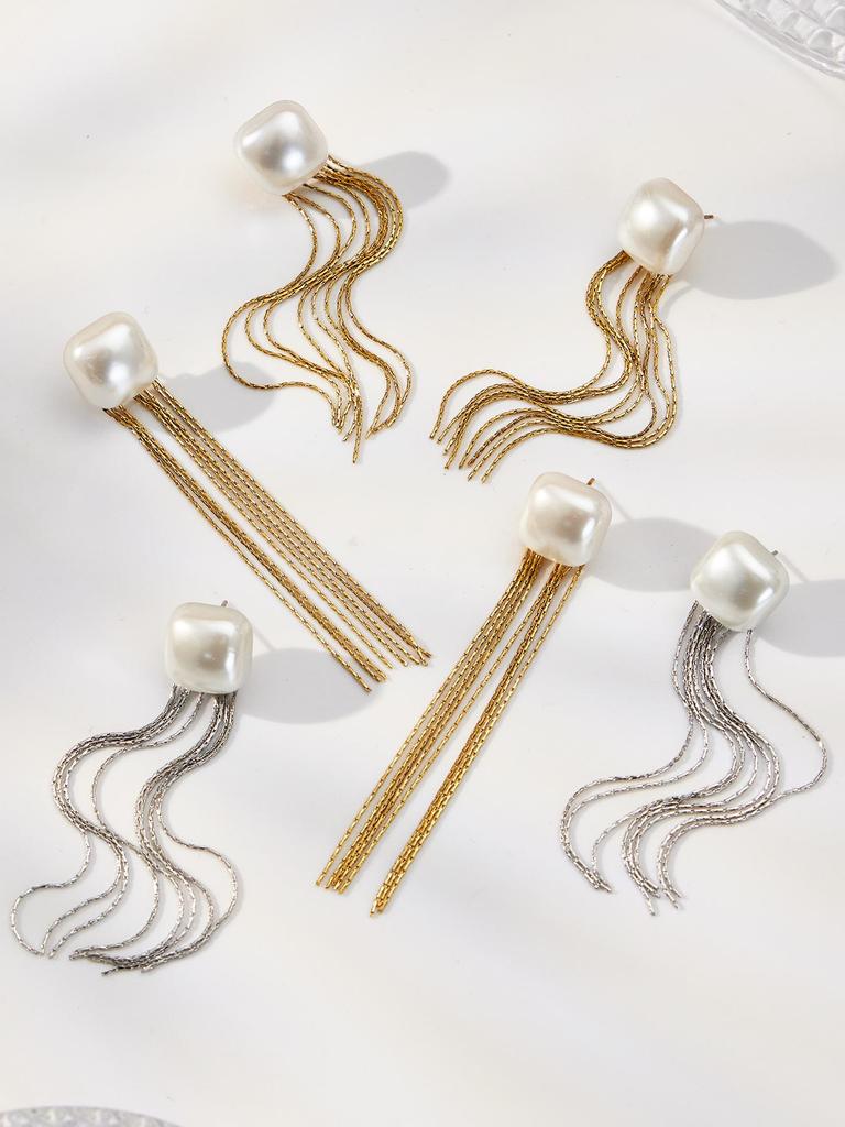18K Gold Plated Stainless Steel Geometric Pearl Tassel Earrings - Versatile European & American Fashion Style