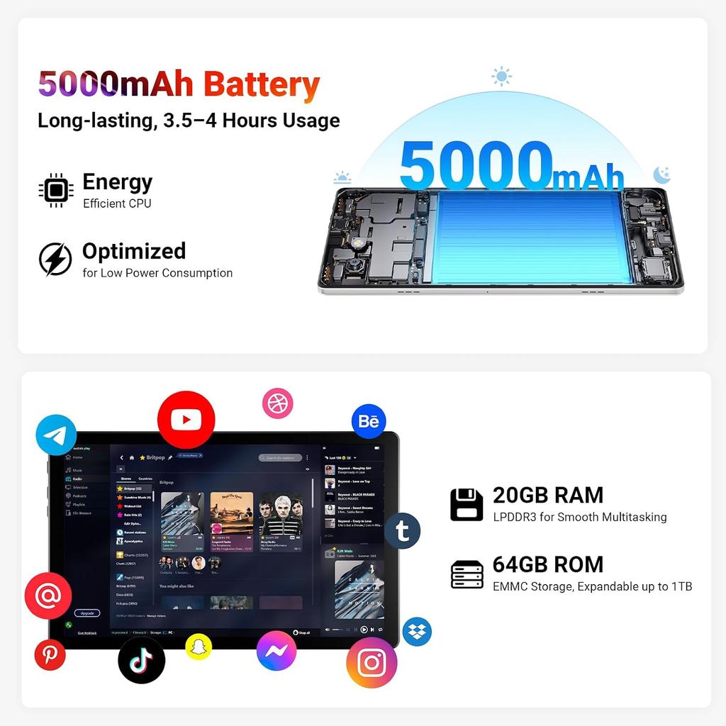 Android 15 Tablet, 10.1 Inch IPS, 20GB+64GB, WiFi 6, Bluetooth 5.4, Dual Camera