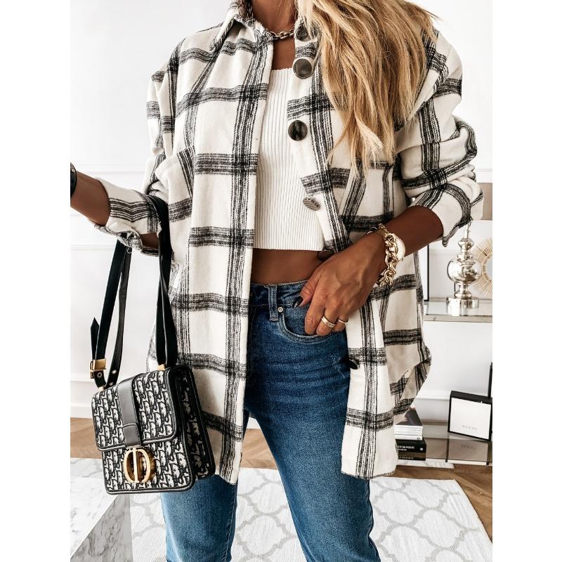 Autumn and Winter Loose Casual Retro Plaid Long Sleeved Shirt Jacket for Women