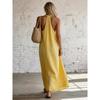 Maxi Abito in Lino con Scollo all'americana Senza Maniche, Schiena Scoperta Ampio Svasato con Tasche Vestito Estivo, Leggero Monocromatico Outfit Casual per Spiaggia Resort Vacanza Uso Quotidiano