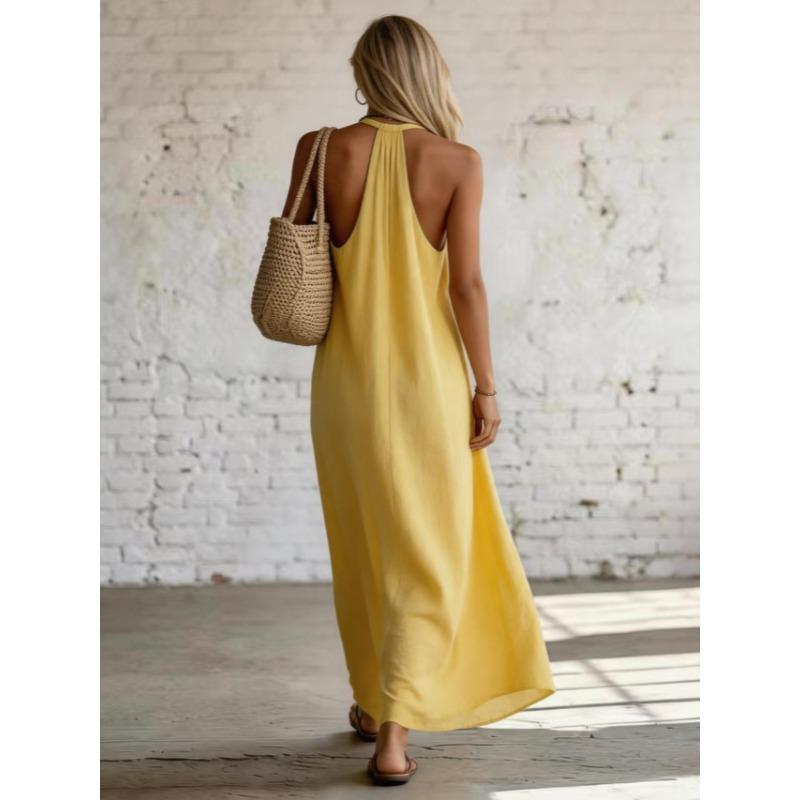 Maxi Abito in Lino con Scollo all'americana Senza Maniche, Schiena Scoperta Ampio Svasato con Tasche Vestito Estivo, Leggero Monocromatico Outfit Casual per Spiaggia Resort Vacanza Uso Quotidiano