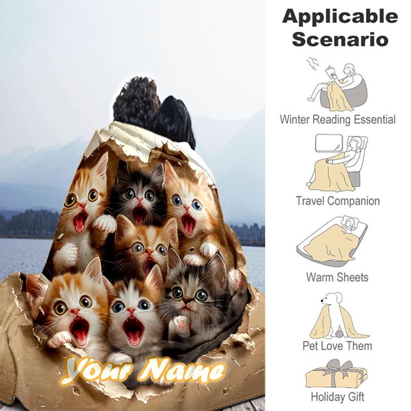 1PC Custom Name Kittens Through Wall flannel blanket versatile, all-season throw suitable for the living room, bedroom, camping, travel, and gift