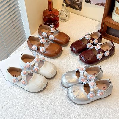 Princess Shoes for girls2026Spring and Autumn Children's Korean Style Floral Cross-Strap Mary Jane Leather Shoes for Little Girls
