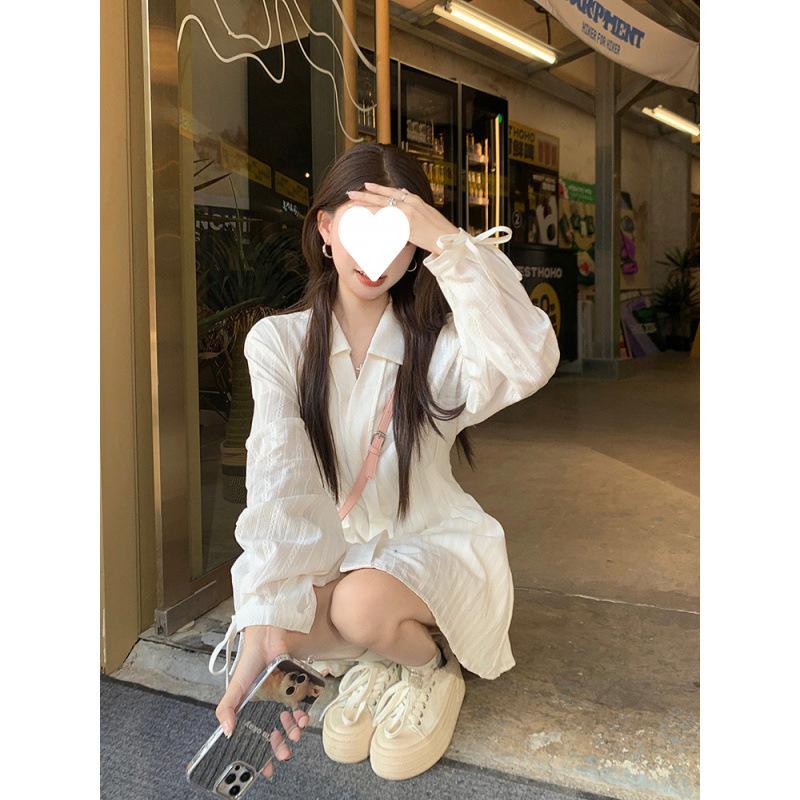 White small lapel long-sleeved dress women's spring dress new design sense lace-up and thin waist A-word short skirt
