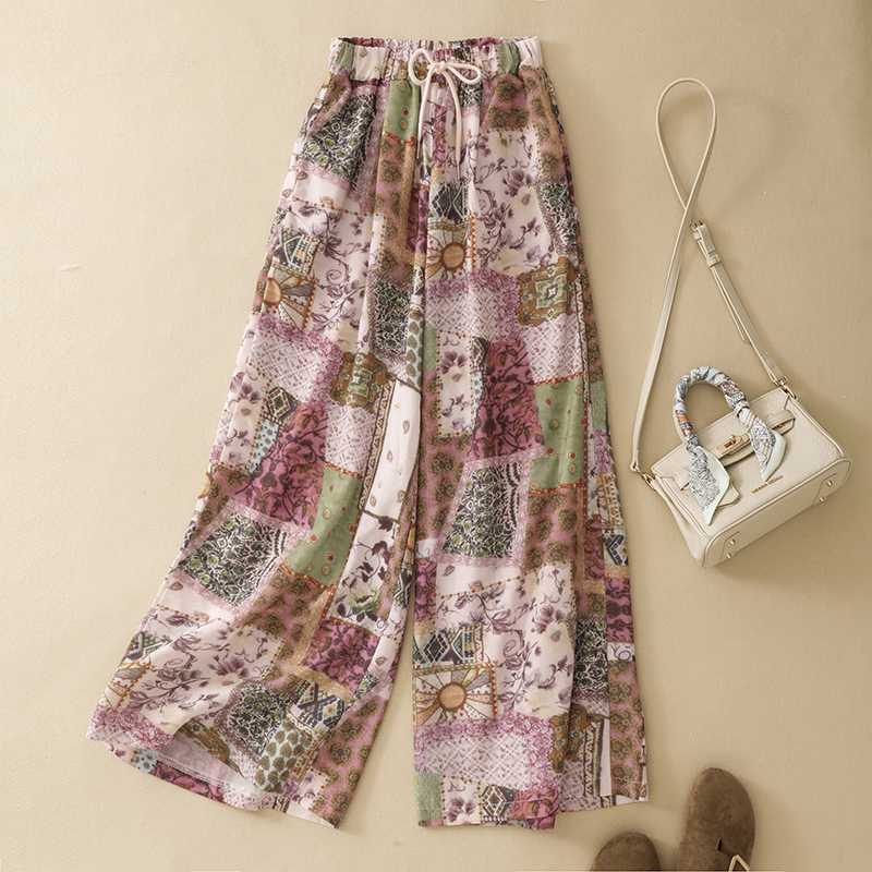 Women s High Waisted Floral Print Wide Leg Pants Linen Cotton Blend Casual Trousers M