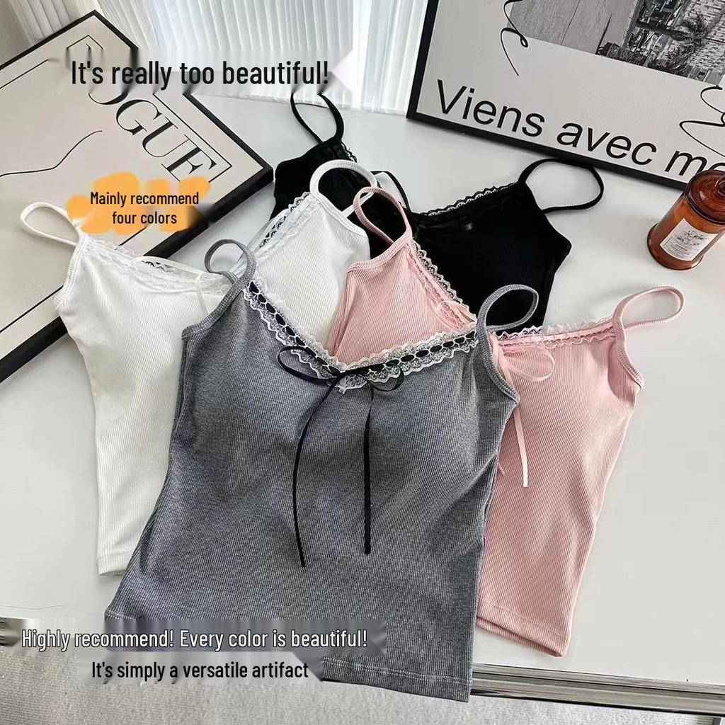 Spicy Girl Lace-Trim Camisole with Bowknot and Chest Pads