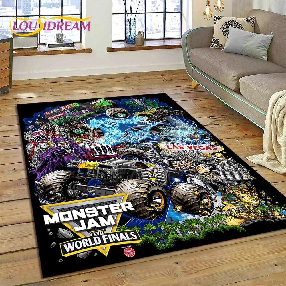 Monster Truck Monster Jam Cartoon Teppich für Wohnzimmer Schlafzimmer Heimdekoration, rutschfeste Bodendekoration für Sofa Fußmatte
