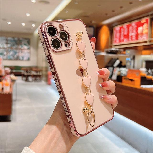 Soft Bracelet Love Heart Case For Iphone 11 12 13 Pro Max Xs X Xr 7 8 Plus Se 2020 13 Mini Electroplated Bumper Silicone Cover
