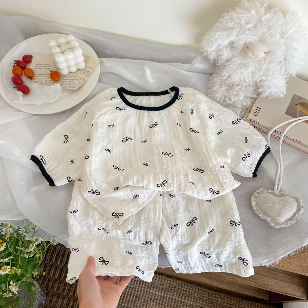 2025 Spring/Summer Girls' Pajama Set: Thin Round Neck, 5-Sleeve, 7/8 Pants, Color Block Design, Perfect for Homewear and Air-Conditioned Rooms