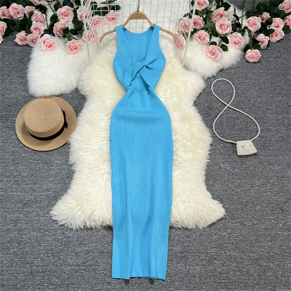 Vestido de Punto Minimalista sin Espalda para Mujer Verano SSólido de Punto sin Mangas Ajustado sin Mangas Sexy Bodycon Vestido Camiseta