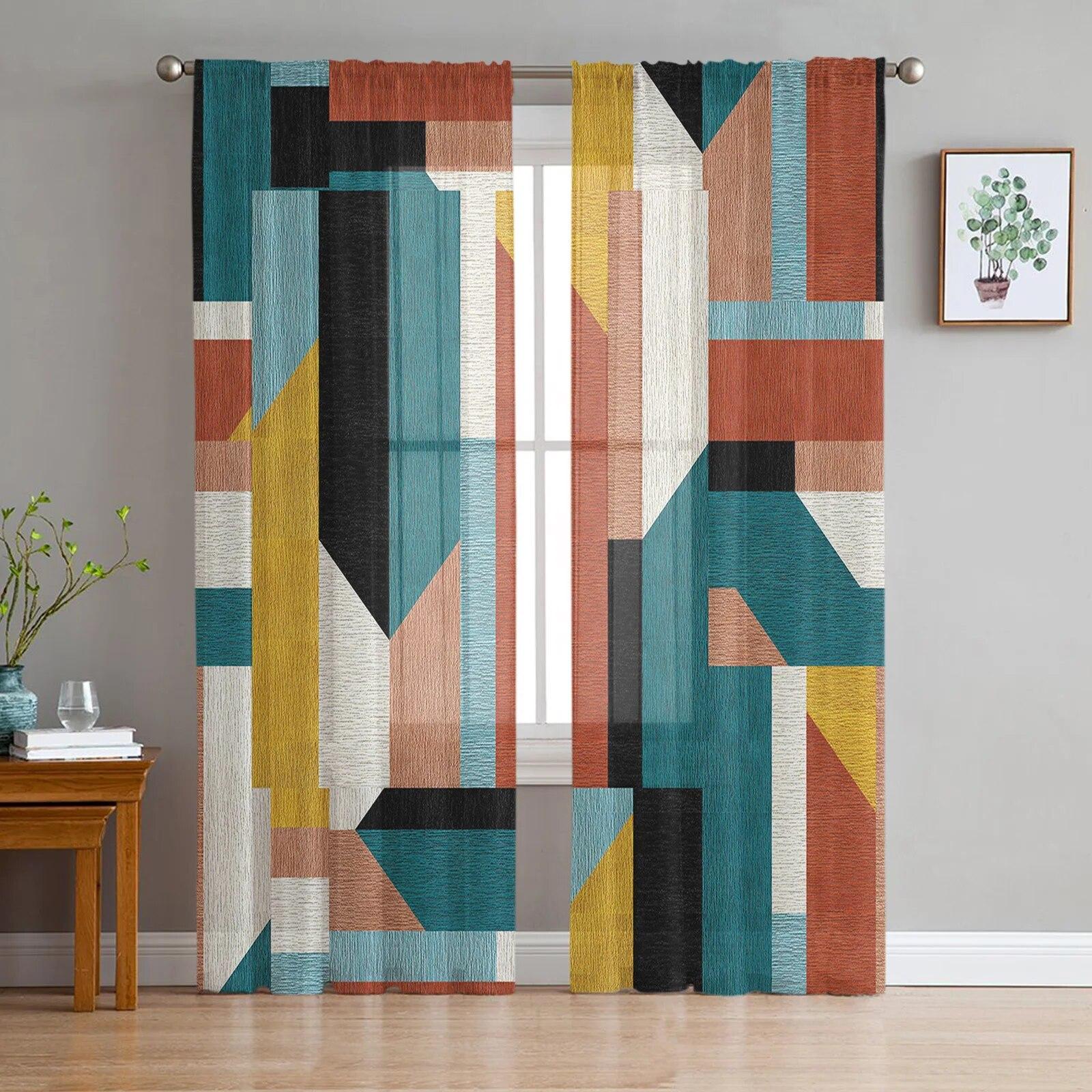 Geometrische Farbe Schlafzimmer Transparent Gardinen Urlaub Dekoration Fenster Voile Tüll Vorhang 135W x 114H(cm)