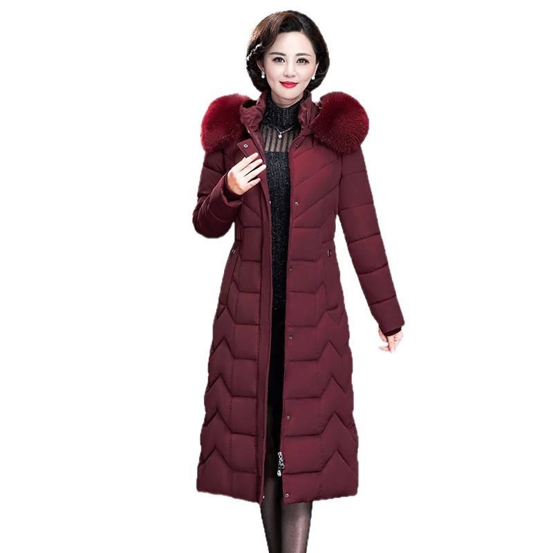 Mom winter long knee red cotton clothes big fur collar hooded thickened thermal cotton clothes middle-aged women's coat real