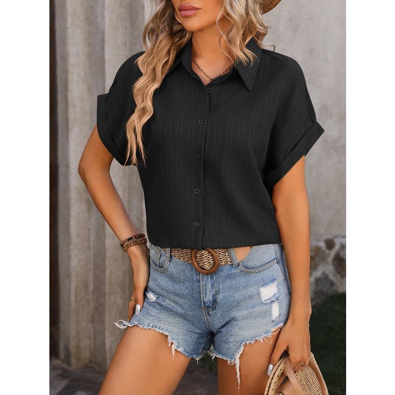 Women's Shirt Summer New Loose Casual Short Sleeve Single Breasted Shirts for Women Fashion Elegant Solid Color Office Ladies Blouses Simple Tops