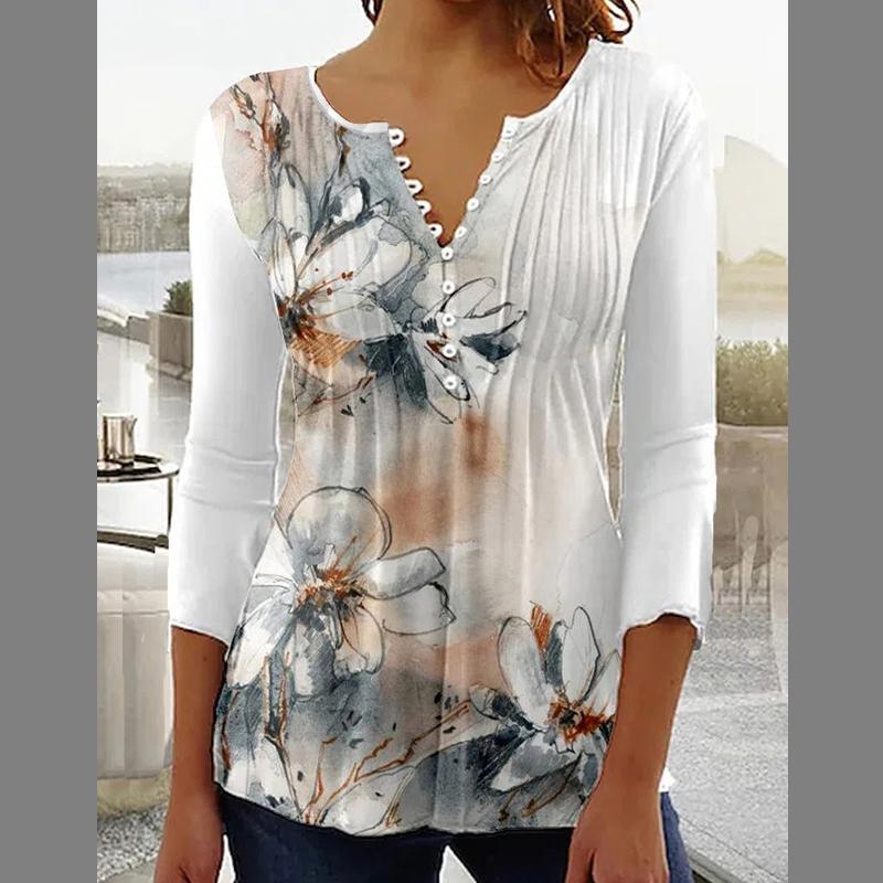 European and American Spring and Summer Fashionable Women's Floral Print V-neck Short Sleeved Pleated Button T-shirt with A Base
